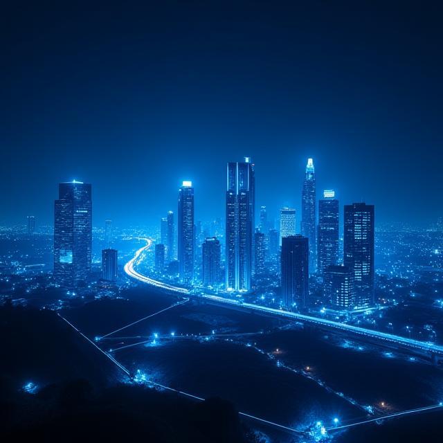 Veduta notturna di smart city con luci blu